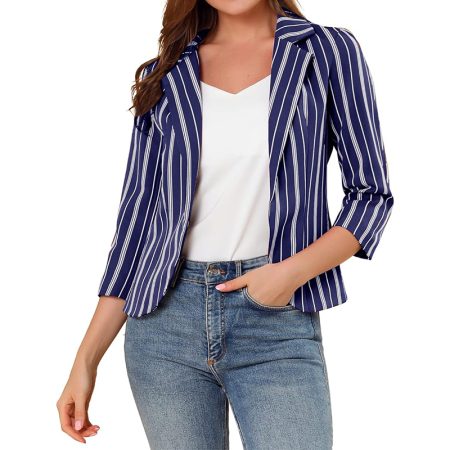 womens-striped-3-4-sleeve-lapel-suit-jacket