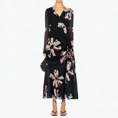 v-neck-printed-long-sleeved-pleated-black-dress
