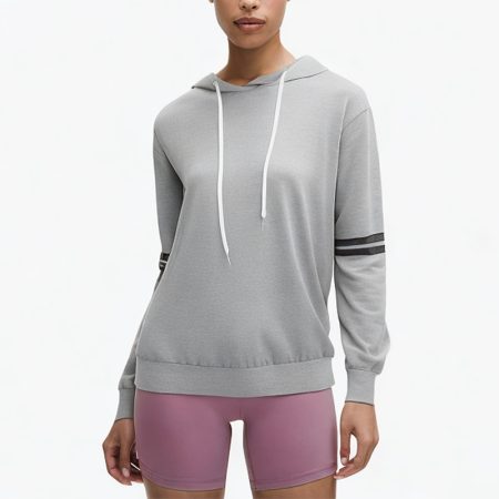 gray-striped-drawstring-short-hoodie