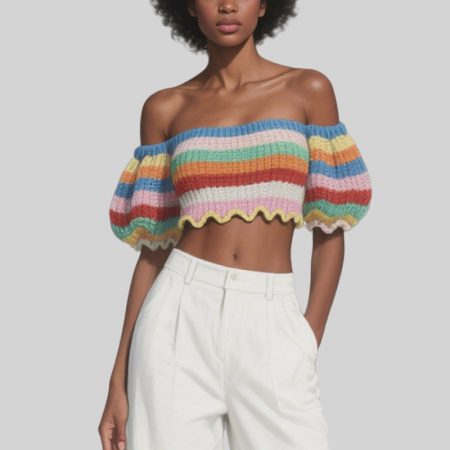 women-knit-short-sleeve-striped-pullover-crop-tops