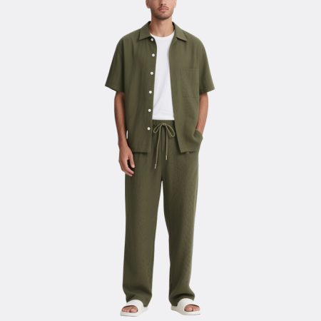 mens-military-green-drawstring-casual-suit-short-sleeve-shirt-wide-leg-pants