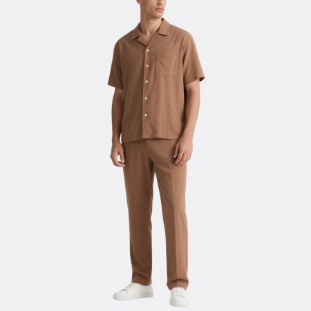 brown-button-up-mens-summer-two-piece-set-short-sleeve-shirt-trousers