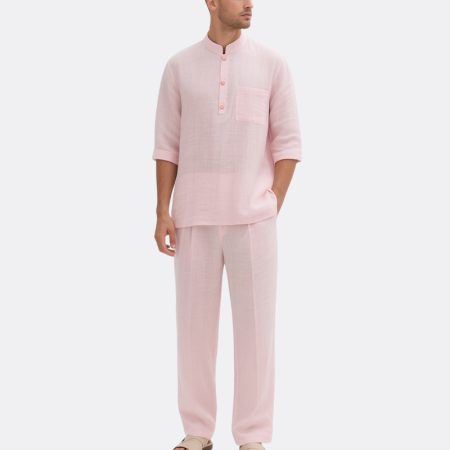 mens-pink-short-sleeve-shirt-suit-summer-two-piece