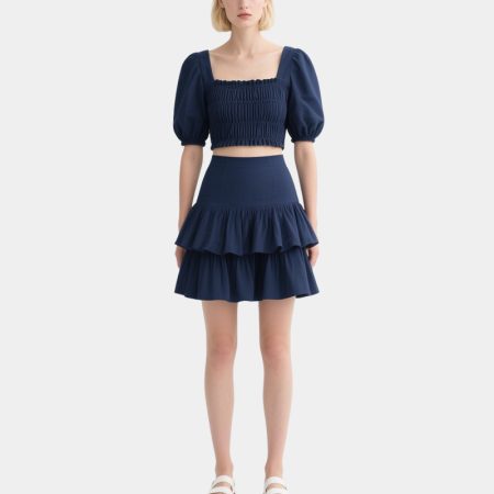 navy-blue-square-collar-puff-sleeve-top-and-ruffle-skirt-set