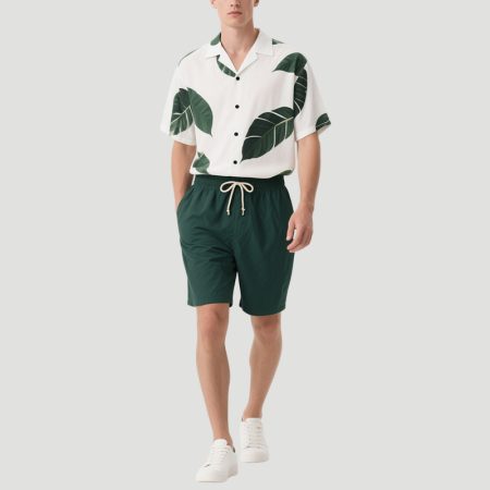 green-leaf-print-mens-short-sleeved-shirt-dark-green-shorts-set