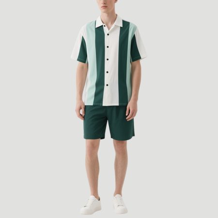 green-and-white-striped-mens-short-sleeved-shirt-dark-green-shorts-set