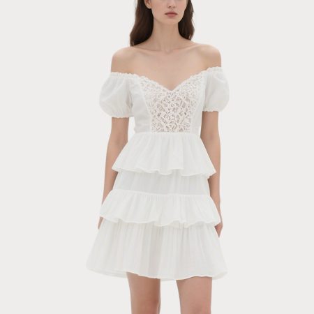off-shoulder-lace-panel-dress-puff-sleeve-tiered-ruffle-dress