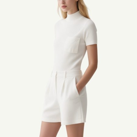 minimalist-white-ribbed-knit-set-elegant-high-neck-top-tailored-shorts