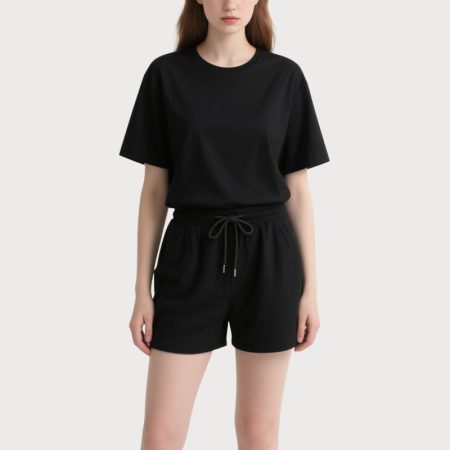 womens-black-relaxed-fit-t-shirt-drawstring-shorts-set