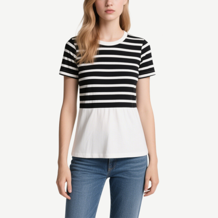 womens-black-and-white-striped-patchwork-short-sleeved-t-shirt