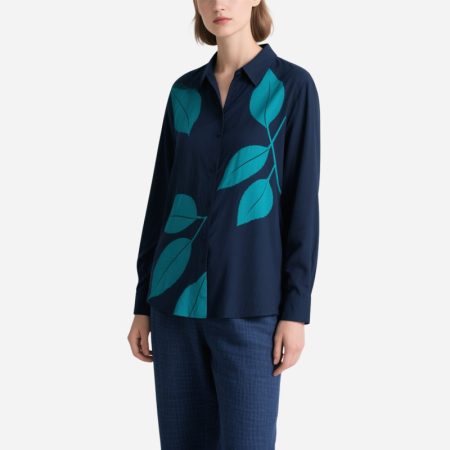 navy-blue-womens-shirt-with-teal-leaf-long-sleeve-button-down-top