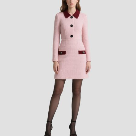 contrast-collar-single-breasted-elegant-knitted-dress