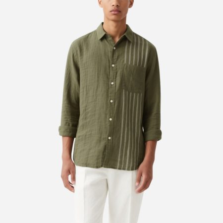 personalized-striped-color-matching-army-green-mens-linen-shirt