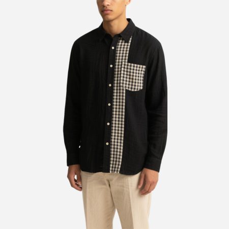 contrast-plaid-splicing-black-mens-linen-shirt