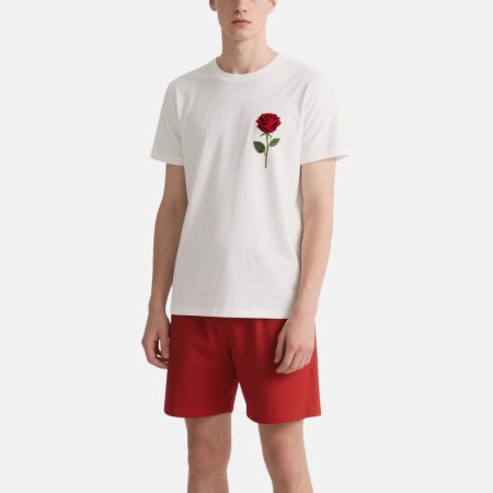 white-rose-embroidered-tee-red-shorts-set-mens-summer-casual-wear
