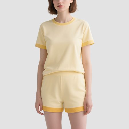yellow-contrast-trimmed-tee-shorts-set-womens-summer-activewear