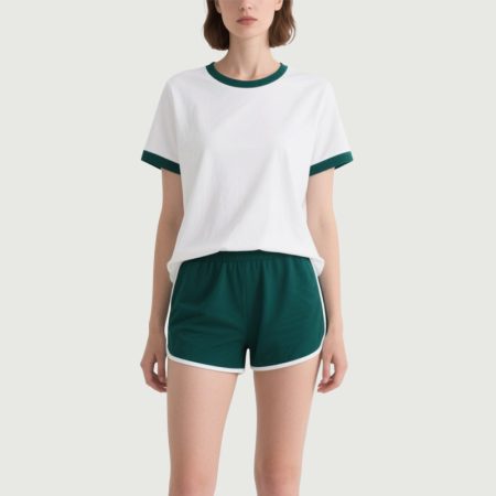 white-green-ringer-tee-shorts-set-womens-summer-sport-outfit