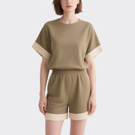 khaki-contrast-trimmed-tee-shorts-set-womens-summer-sportswear