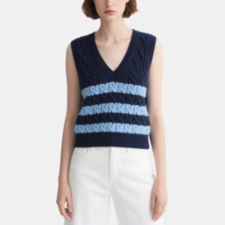 cable-contrast-striped-v-neck-womens-knitted-vest